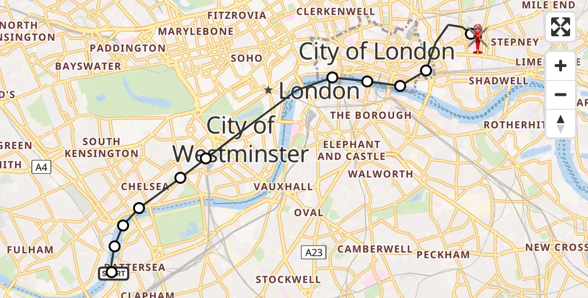 Flight route Air Ambulance Helicopter London Heliport - Royal London Hospital, 15 June 2026, 19:29