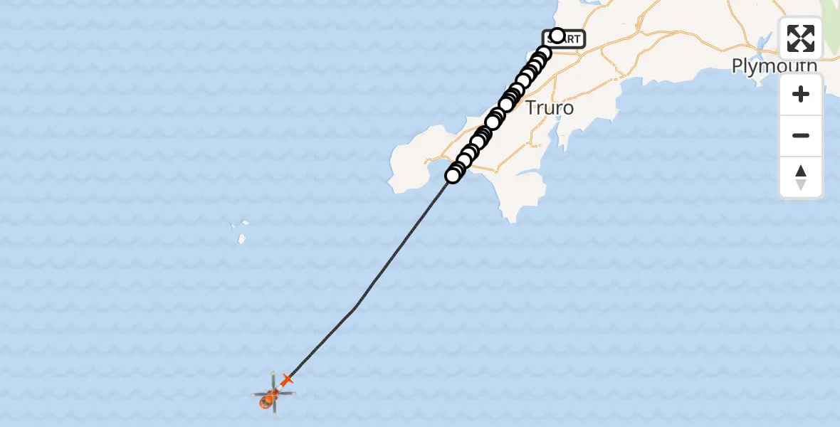 Flight route Coastguard Helicopter Cornwall Airport Newquay - English Channel, 15 June 2026, 19:30
