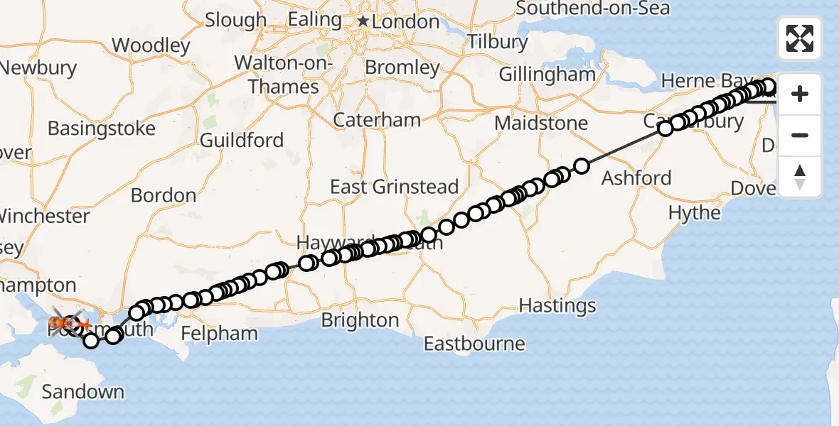 Flight route Coastguard Helicopter Manston Airport - Solent Airport, 15 June 2026, 19:43