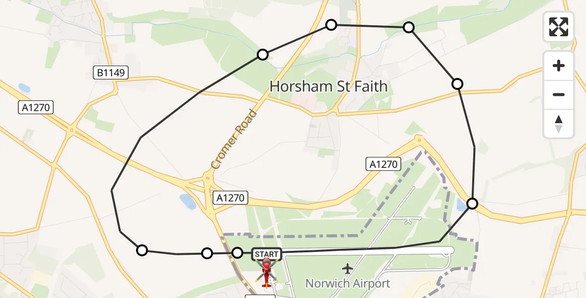 Flight route Air Ambulance Helicopter Norwich Airport - Norwich Airport, 15 June 2026, 19:52