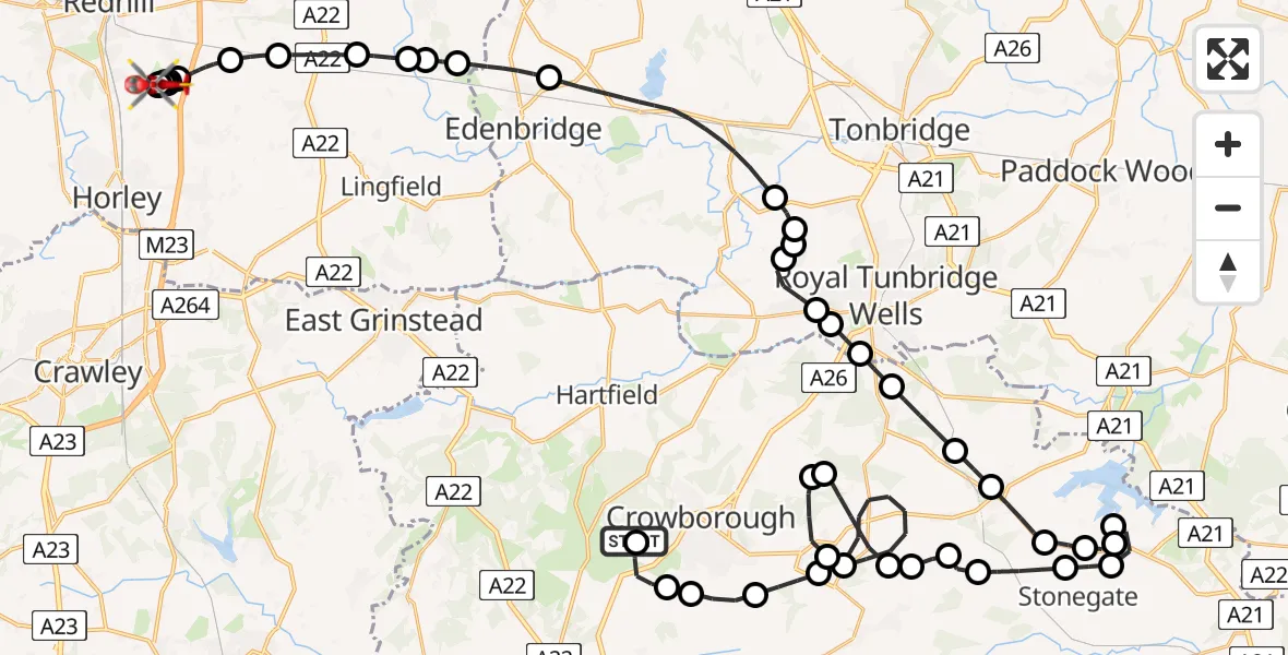 Flight route Air Ambulance Helicopter Crowborough - Redhill Aerodrome, 15 June 2026, 19:52
