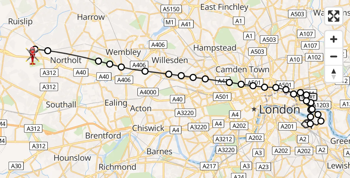 Flight route Air Ambulance Helicopter Royal London Hospital - RAF Northolt, 15 June 2026, 20:19
