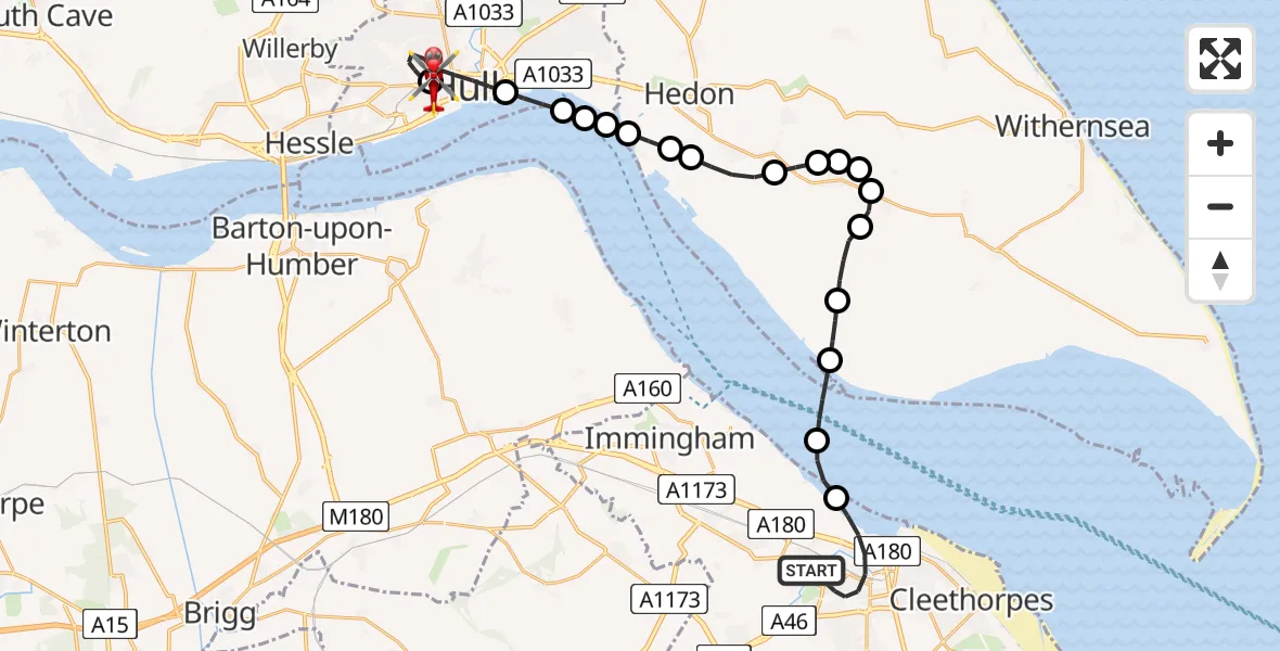 Flight route Air Ambulance Helicopter Grimsby - Hull Royal Infirmary, 15 June 2026, 20:28
