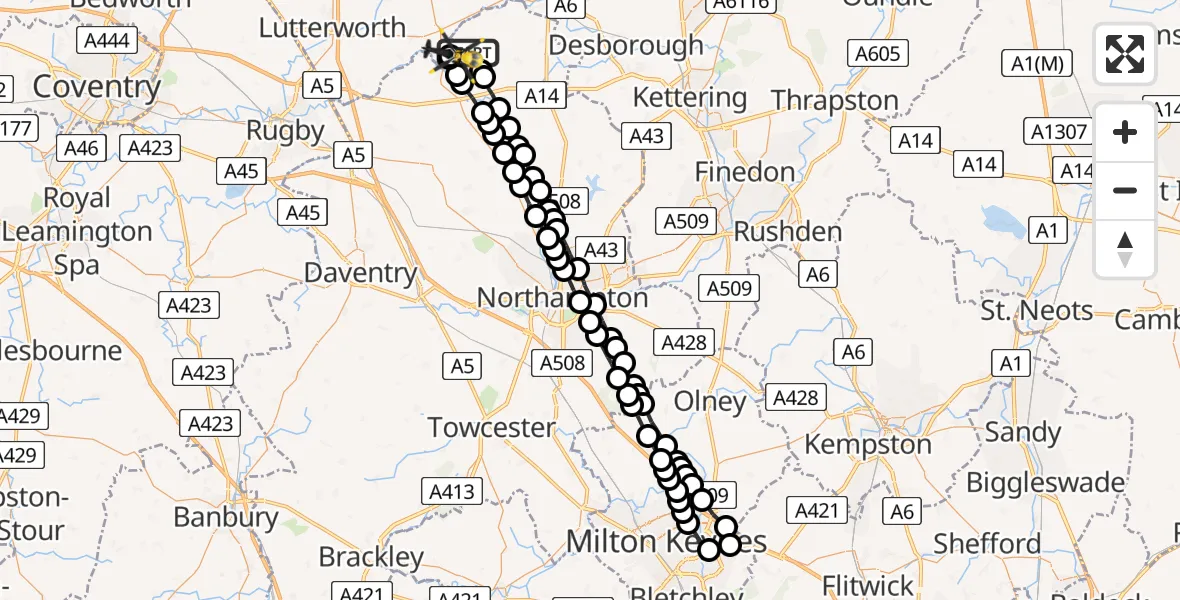 Flight route Police Helicopter Sibbertoft - Welford, 15 June 2026, 20:35