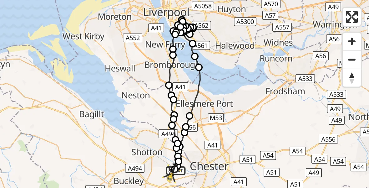 Flight route Police Helicopter Hawarden Airport - Hawarden Airport, 15 June 2026, 20:50