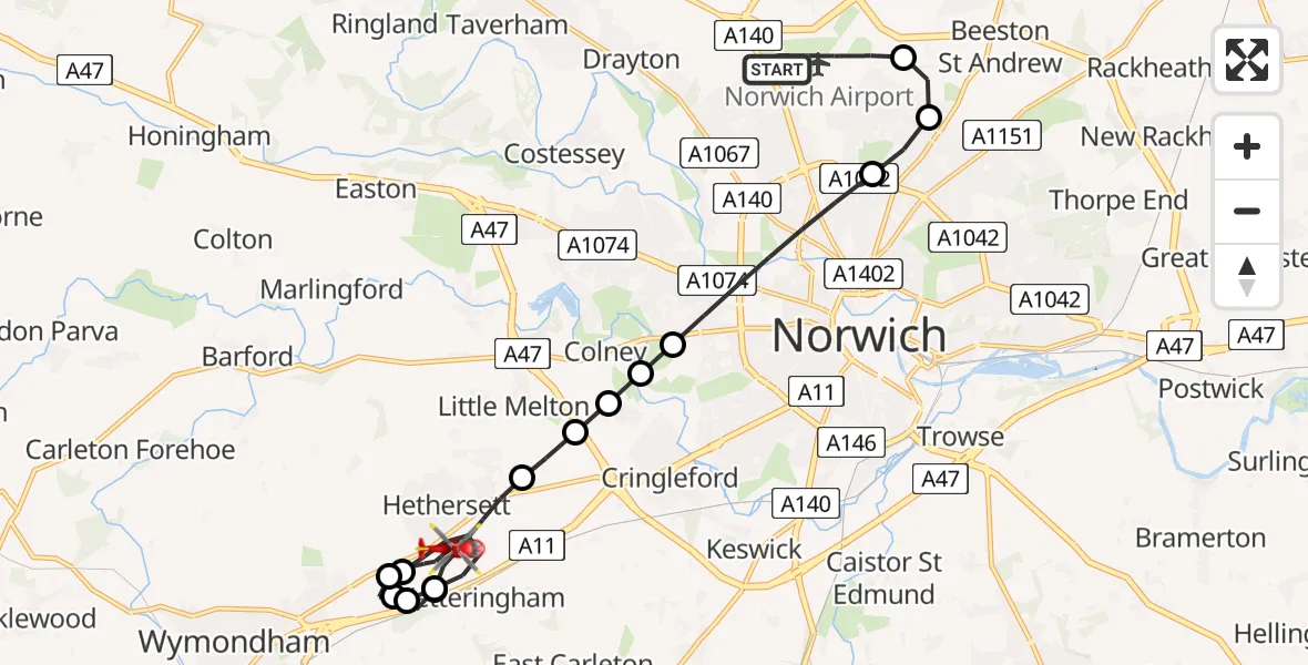 Flight route Air Ambulance Helicopter Norwich Airport - Hethersett, 15 June 2026, 20:54
