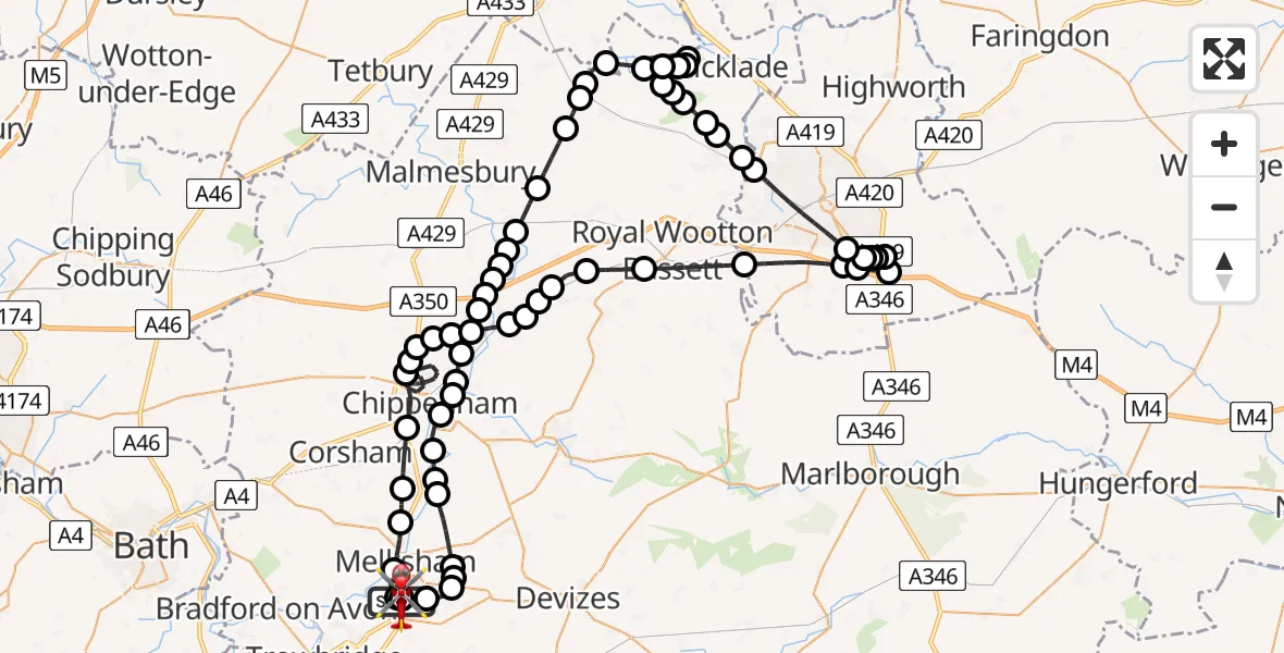 Flight route Air Ambulance Helicopter Wiltshire Air Ambulance - Wiltshire Air Ambulance, 15 June 2026, 20:54