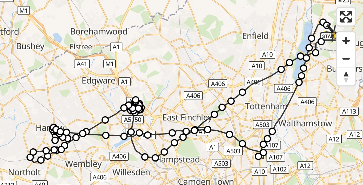 Flight route Police Helicopter Metropolitan Police Air Support Unit Lippitts Hill - Metropolitan Police Air Support Unit Lippitts Hill, 15 June 2026, 21:12