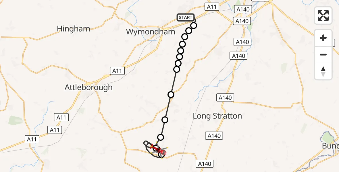 Flight route Air Ambulance Helicopter Hethersett - Priory Farm Airstrip, 15 June 2026, 21:16
