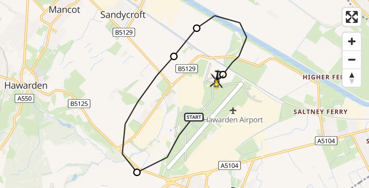Flight route Police Helicopter Hawarden Airport - Hawarden Airport, 15 June 2026, 21:26