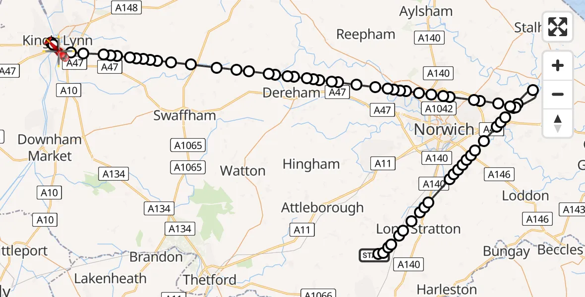 Flight route Air Ambulance Helicopter Priory Farm Airstrip - King's Lynn, 15 June 2026, 21:32