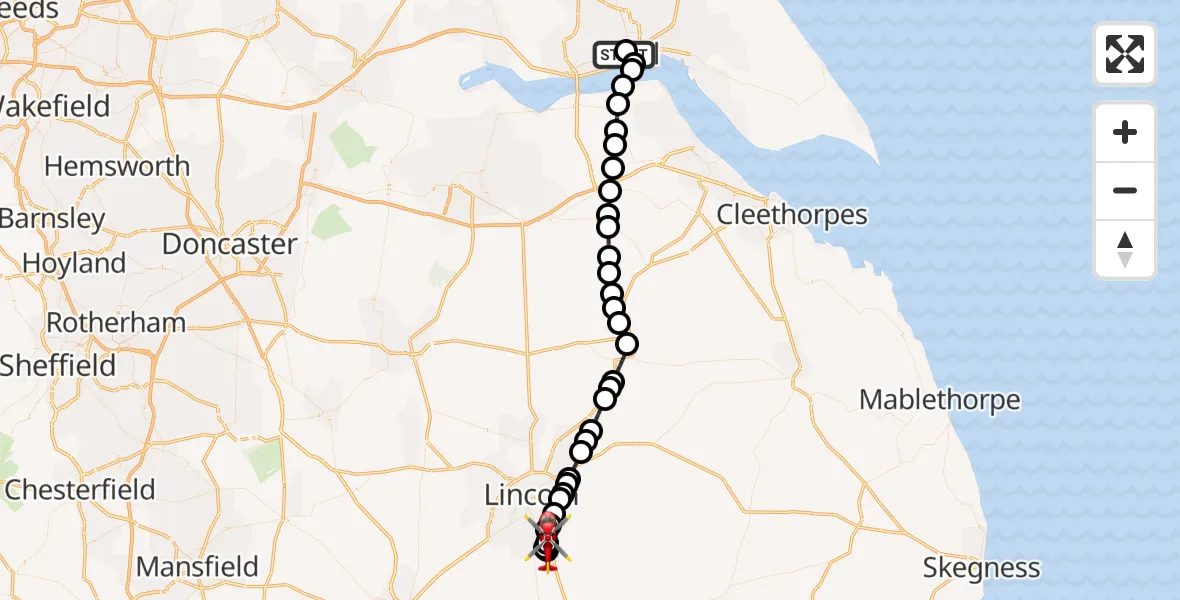 Flight route Air Ambulance Helicopter Hull Royal Infirmary - North Kesteven, 15 June 2026, 21:33