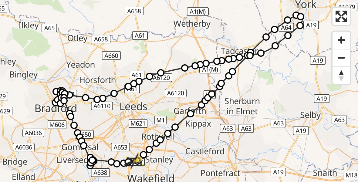 Flight route Police Helicopter East Ardsley - East Ardsley, 15 June 2026, 21:39
