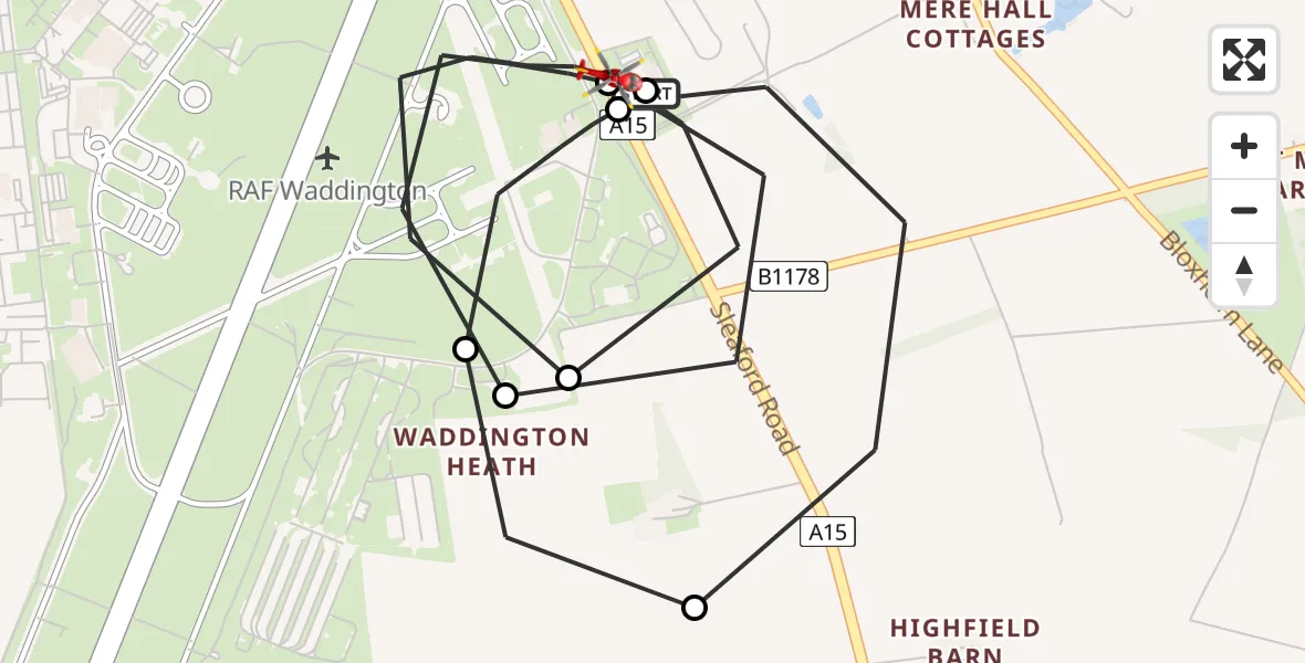 Flight route Air Ambulance Helicopter RAF Waddington - North Kesteven, 15 June 2026, 22:43