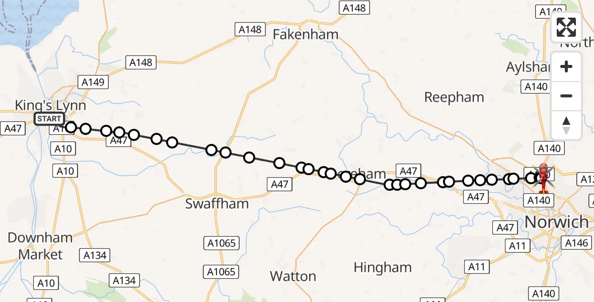 Flight route Air Ambulance Helicopter King's Lynn - Norwich Airport, 15 June 2026, 22:47