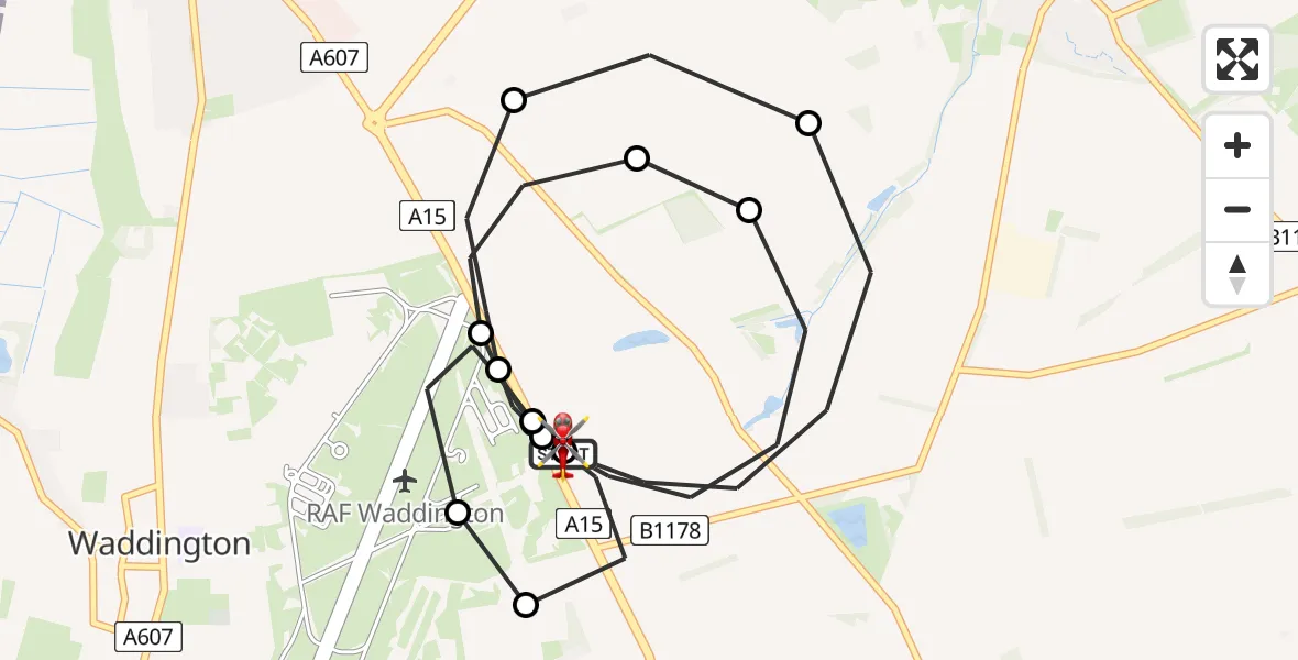 Flight route Air Ambulance Helicopter RAF Waddington - North Kesteven, 15 June 2026, 23:03
