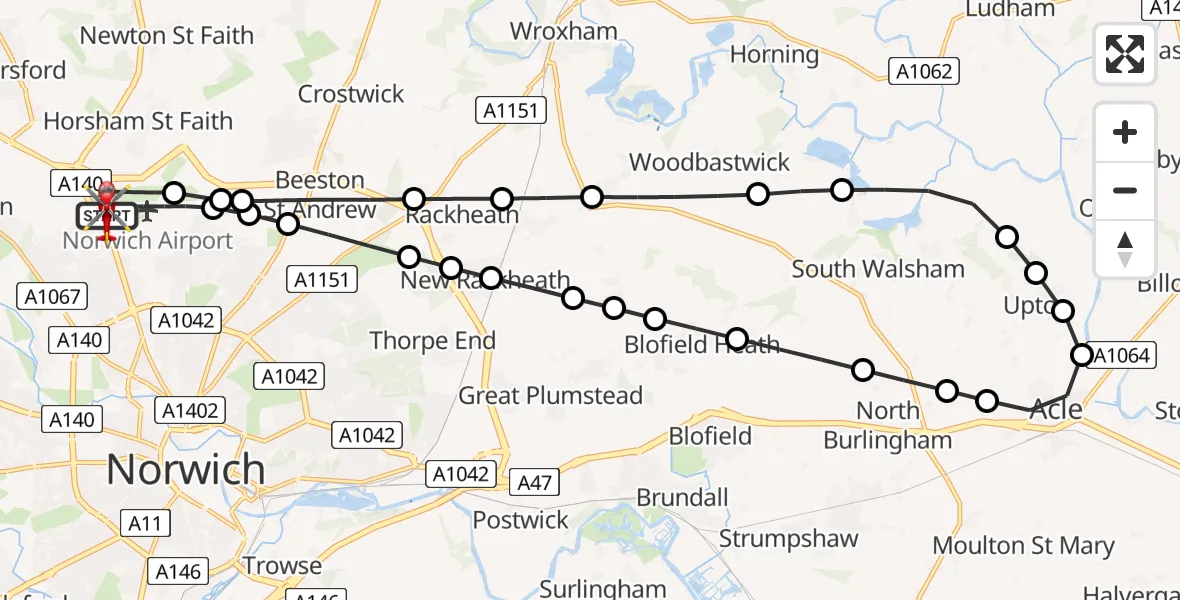 Flight route Air Ambulance Helicopter Norwich Airport - Norwich Airport, 15 June 2026, 23:37