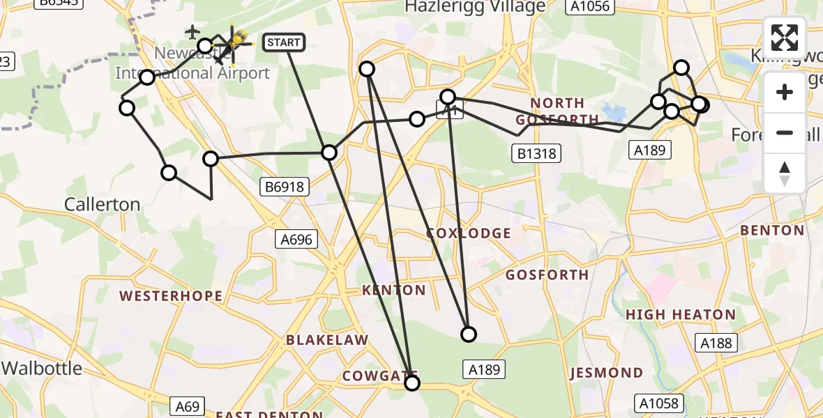 Flight route Police Helicopter Newcastle International Airport - Newcastle International Airport, 16 June 2026, 00:46