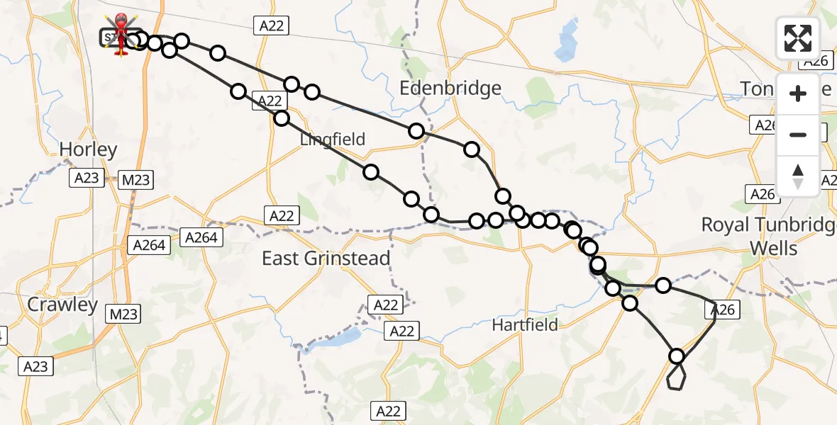 Flight route Air Ambulance Helicopter Redhill Aerodrome - Redhill Aerodrome, 16 June 2026, 05:35