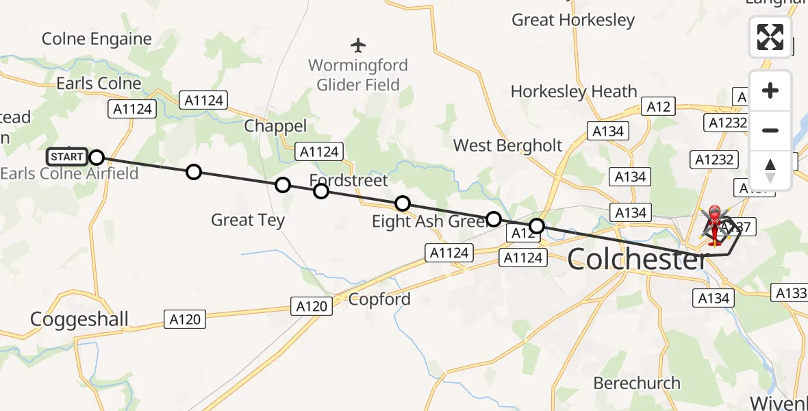 Flight route Air Ambulance Helicopter Earls Colne Airfield - Colchester, 16 June 2026, 06:57