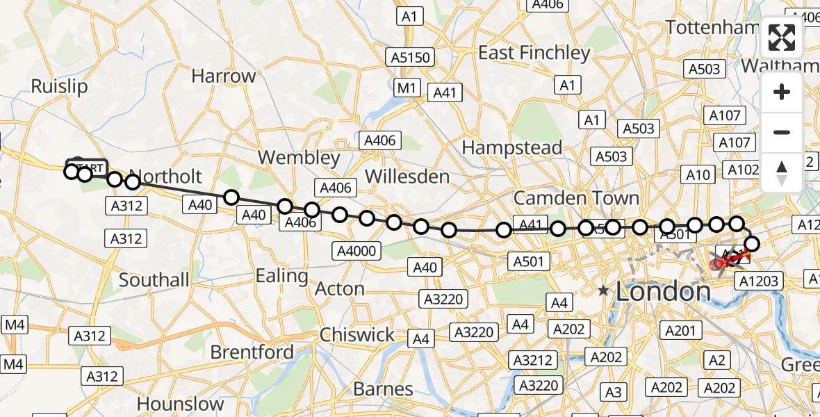 Flight route Air Ambulance Helicopter RAF Northolt - Royal London Hospital, 16 June 2026, 07:19