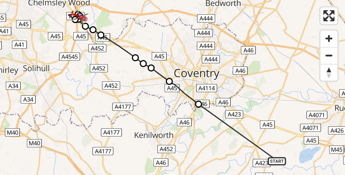 Flight route Air Ambulance Helicopter Rugby - Solihull, 16 June 2026, 07:20