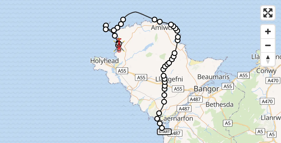 Flight route Air Ambulance Helicopter Caernarfon Airport - Llanfaethlu, 16 June 2026, 07:21