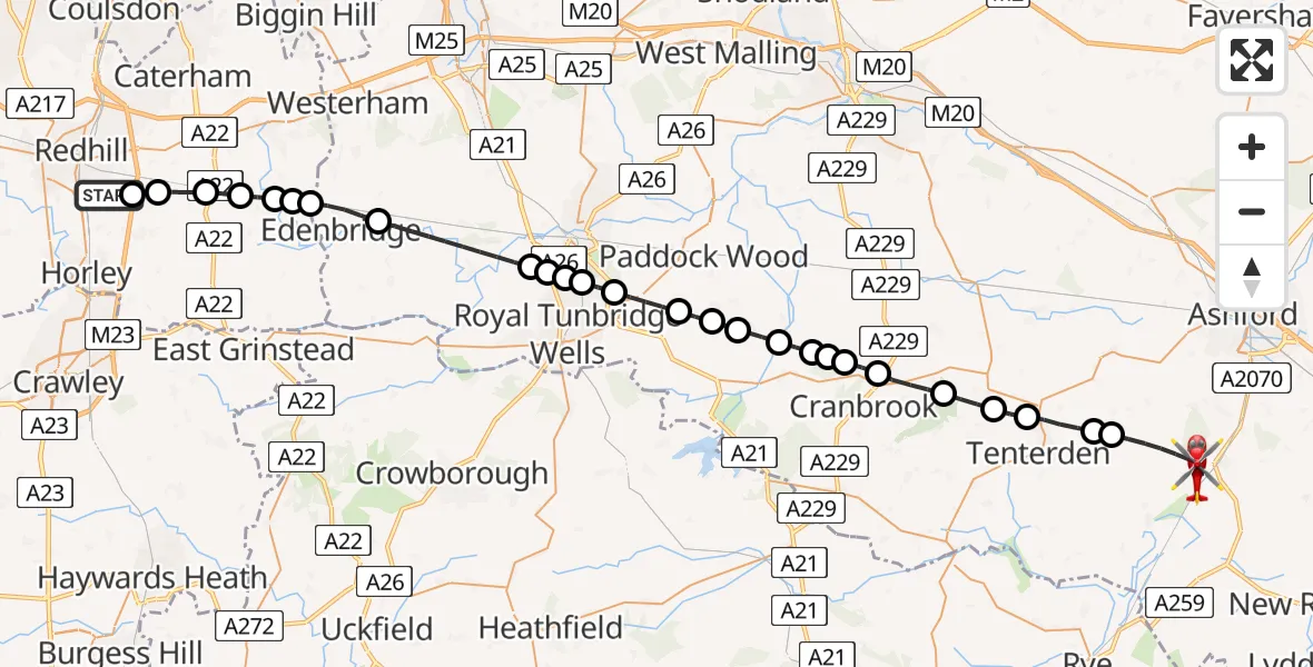Flight route Air Ambulance Helicopter Redhill Aerodrome - Ashford, 16 June 2026, 07:23