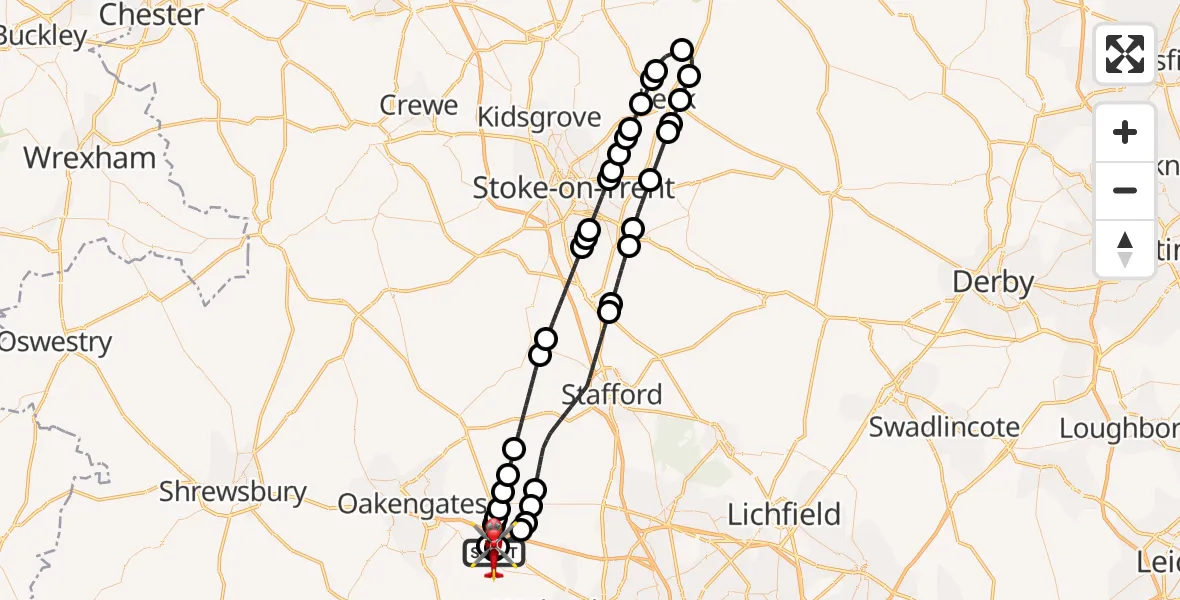 Flight route Air Ambulance Helicopter RAF Cosford - Cosford, 16 June 2026, 07:41