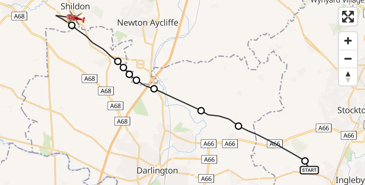 Flight route Air Ambulance Helicopter Egglescliffe - Shildon, 16 June 2026, 07:58