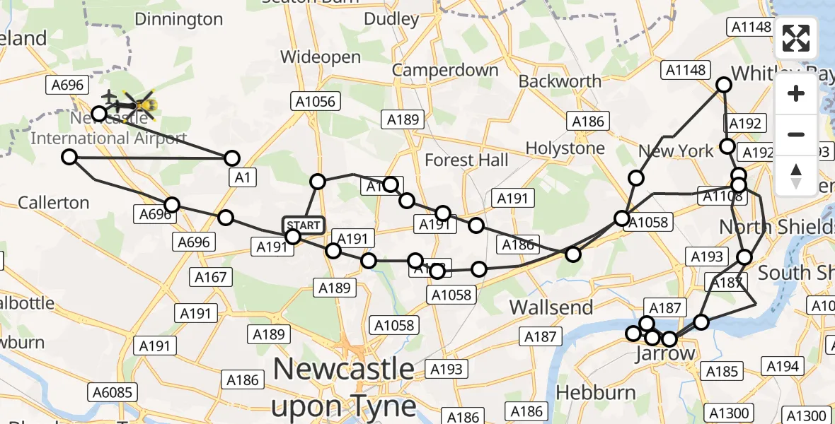 Flight route Police Helicopter Coxlodge - Newcastle International Airport, 16 June 2026, 08:02