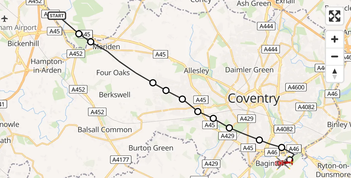 Flight route Air Ambulance Helicopter North Warwickshire - Coventry Airport, 16 June 2026, 08:10