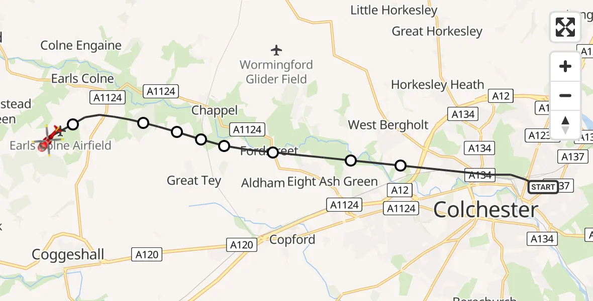 Flight route Air Ambulance Helicopter Colchester - Earls Colne Airfield, 16 June 2026, 08:10
