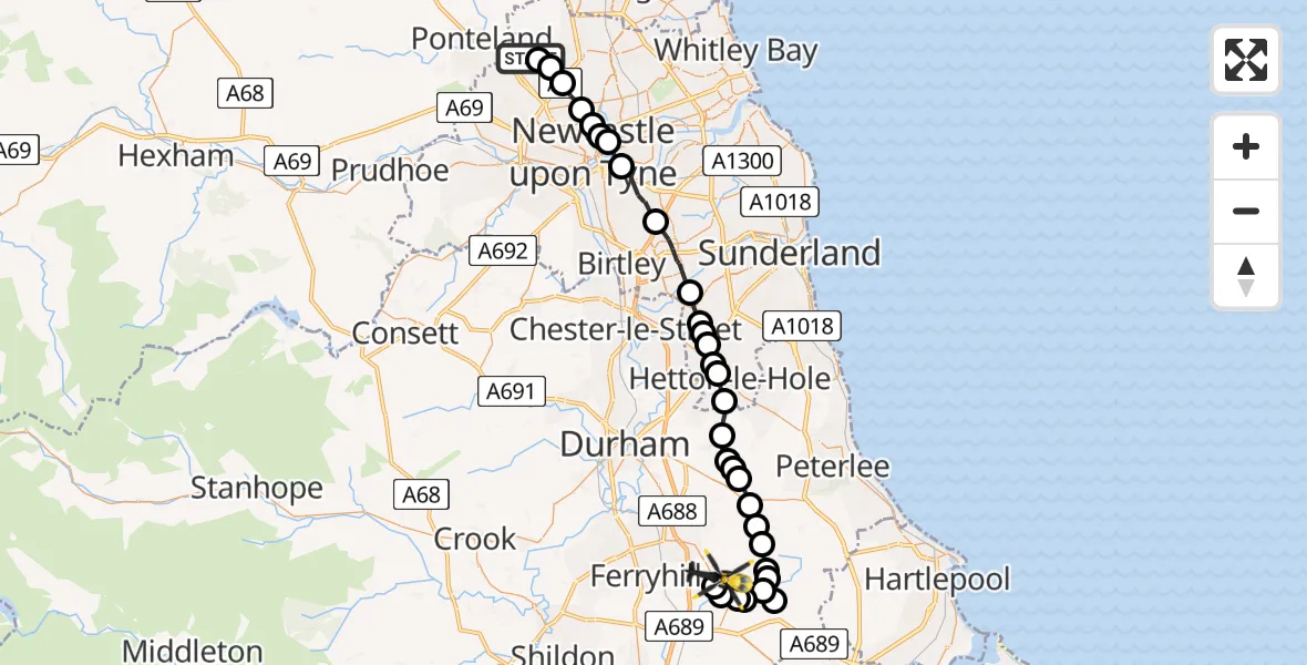 Flight route Police Helicopter Newcastle International Airport - Bishop Middleham, 16 June 2026, 08:36