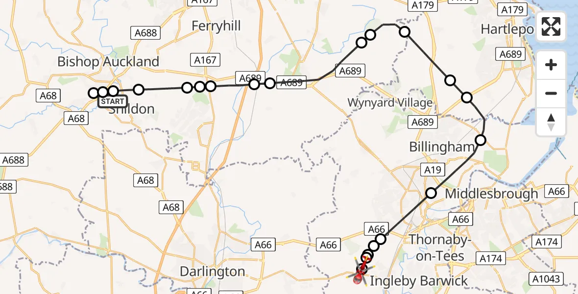 Flight route Air Ambulance Helicopter Shildon - Egglescliffe, 16 June 2026, 08:45