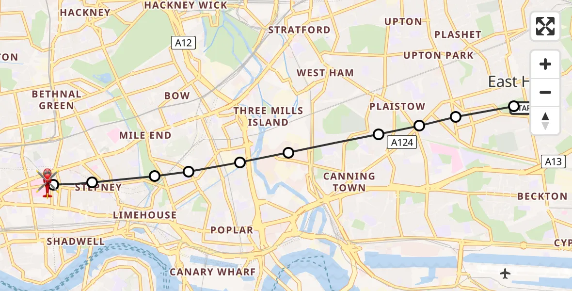 Flight route Air Ambulance Helicopter East Ham - Royal London Hospital, 16 June 2026, 08:56