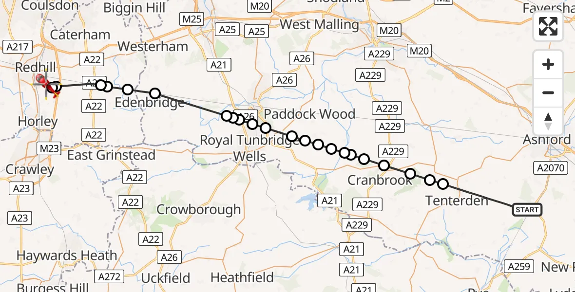 Flight route Air Ambulance Helicopter Ashford - Redhill Aerodrome, 16 June 2026, 09:05