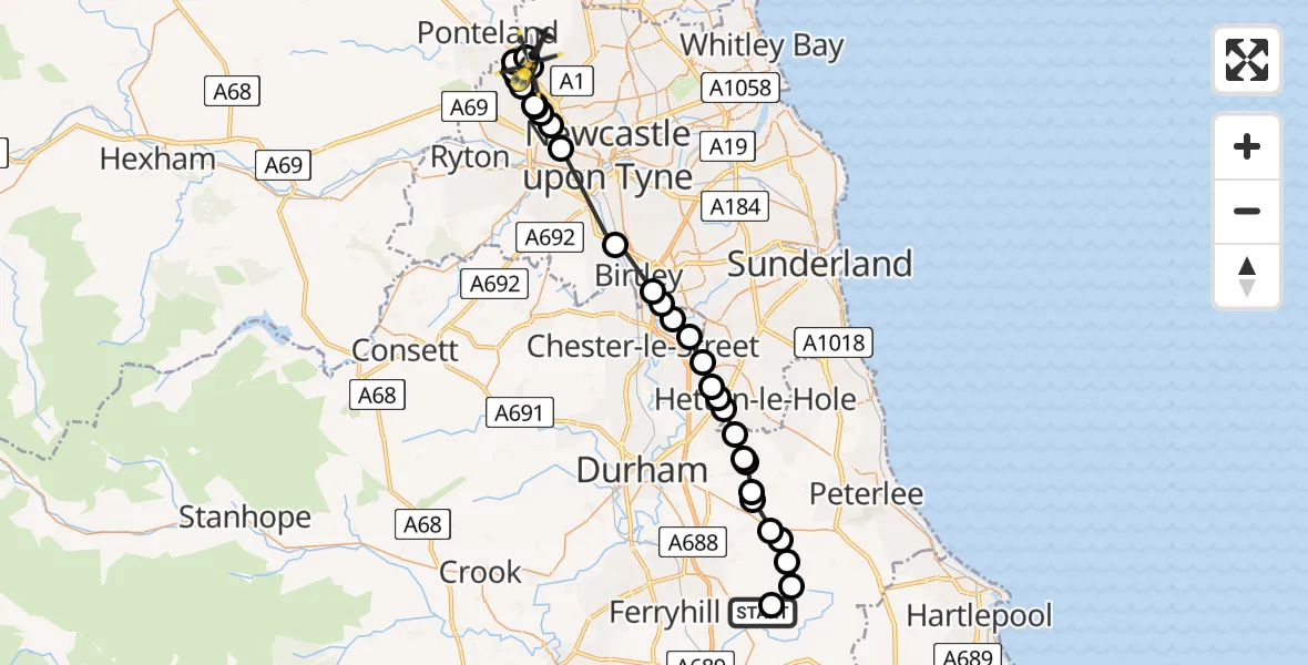 Flight route Police Helicopter Fishburn - Newcastle International Airport, 16 June 2026, 09:15