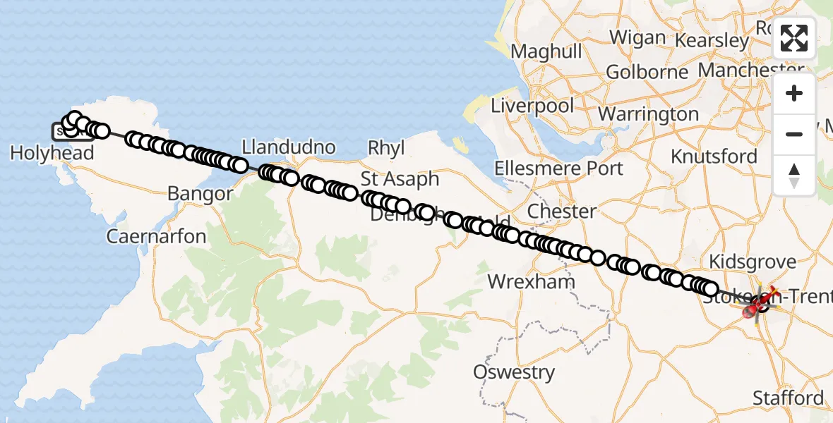 Flight route Air Ambulance Helicopter Llanfaethlu - University Hospital North Staffs, 16 June 2026, 09:20