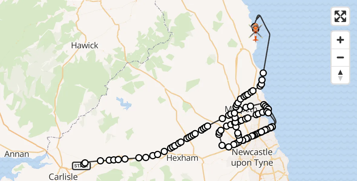 Flight route Coastguard Helicopter Carlisle Lake District Airport - Dunstan, 16 June 2026, 09:31