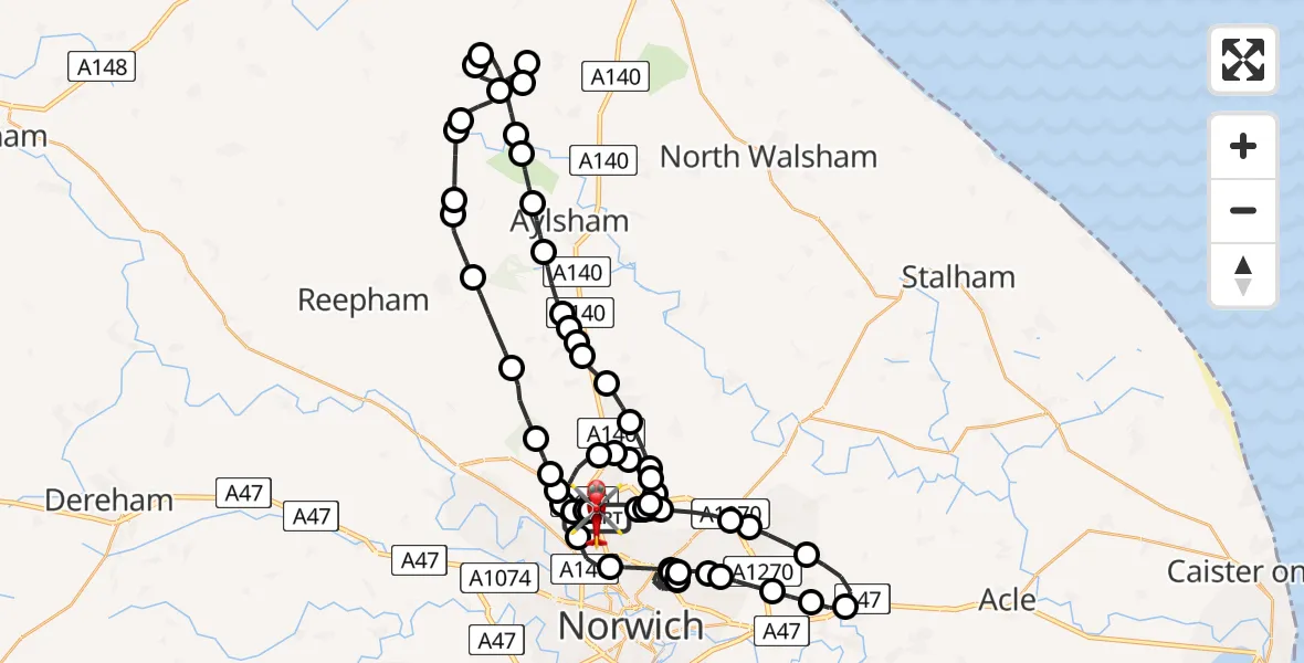 Flight route Air Ambulance Helicopter Norwich Airport - Norwich Airport, 16 June 2026, 09:32