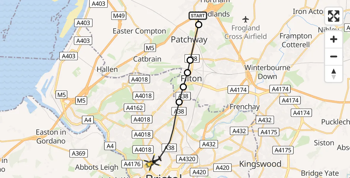 Flight route Police Helicopter Patchway - Bristol, 16 June 2026, 09:38