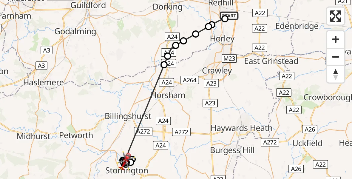 Flight route Air Ambulance Helicopter Redhill Aerodrome - Horsham, 16 June 2026, 09:44