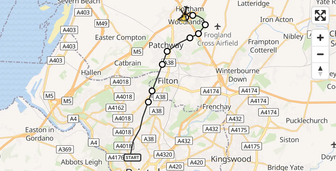 Flight route Police Helicopter Bristol - Almondsbury Helicopter Base, 16 June 2026, 09:52