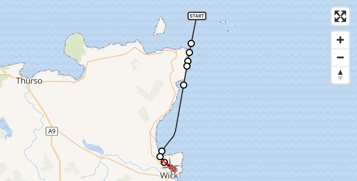 Flight route Air Ambulance Helicopter North Atlantic Ocean - Wick John O'Groats Airport, 16 June 2026, 10:17