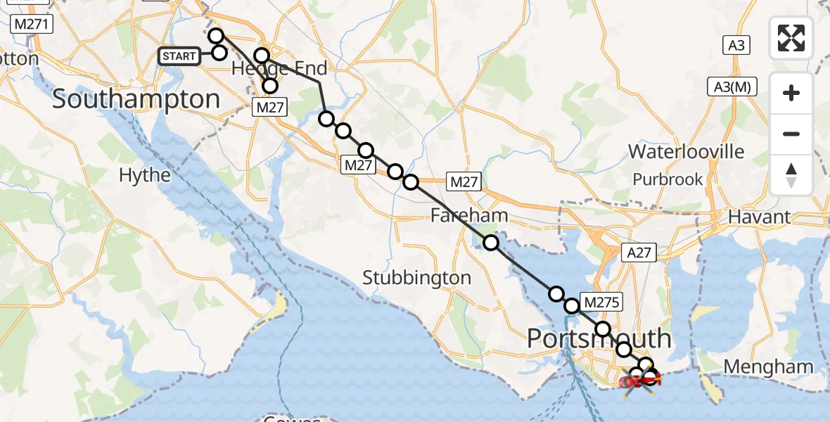 Flight route Air Ambulance Helicopter Bitterne Park - Portsmouth, 16 June 2026, 10:27