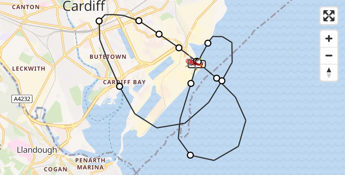 Flight route Air Ambulance Helicopter Cardiff Heliport - Cardiff Heliport, 16 June 2026, 10:41