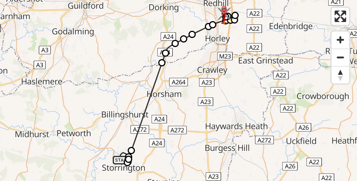 Flight route Air Ambulance Helicopter Horsham - Redhill Aerodrome, 16 June 2026, 10:44