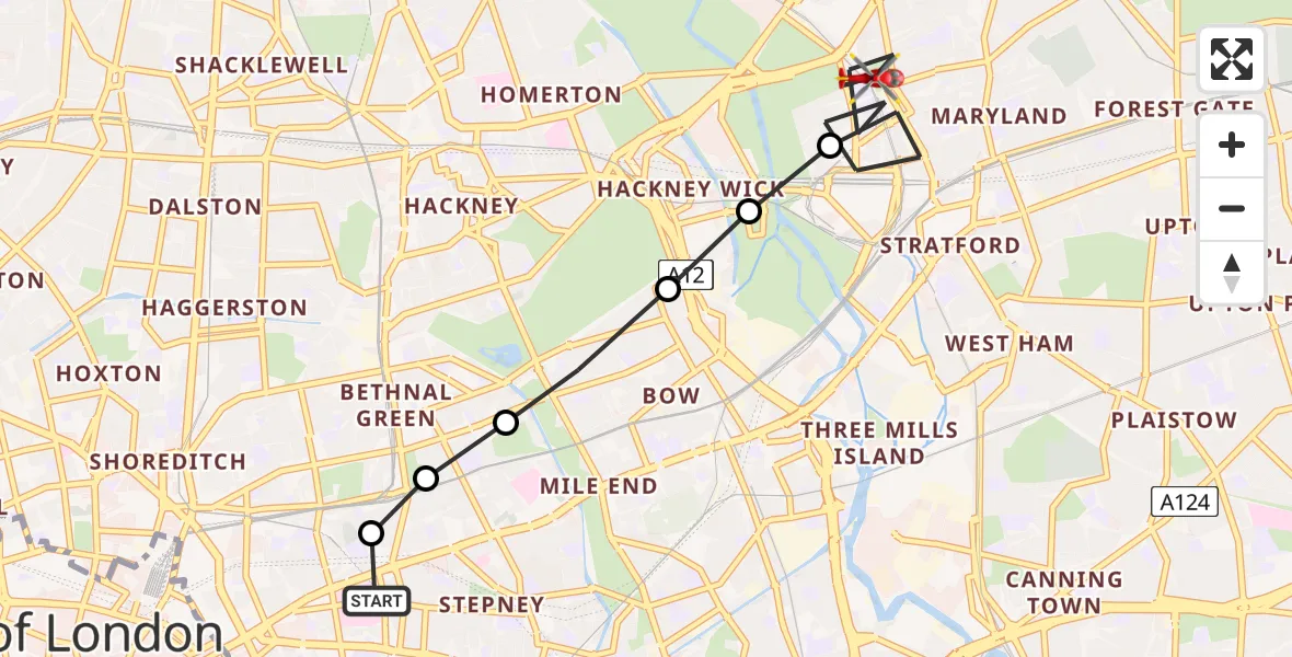 Flight route Air Ambulance Helicopter Royal London Hospital - Downsell Primary School, 16 June 2026, 10:53