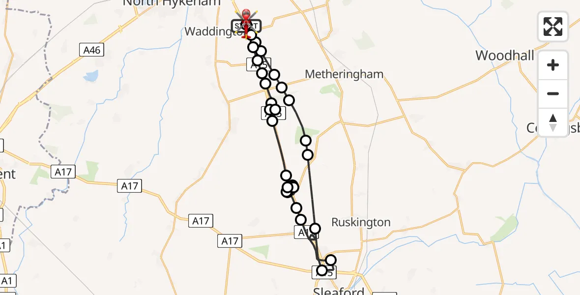 Flight route Air Ambulance Helicopter RAF Waddington - North Kesteven, 16 June 2026, 10:55